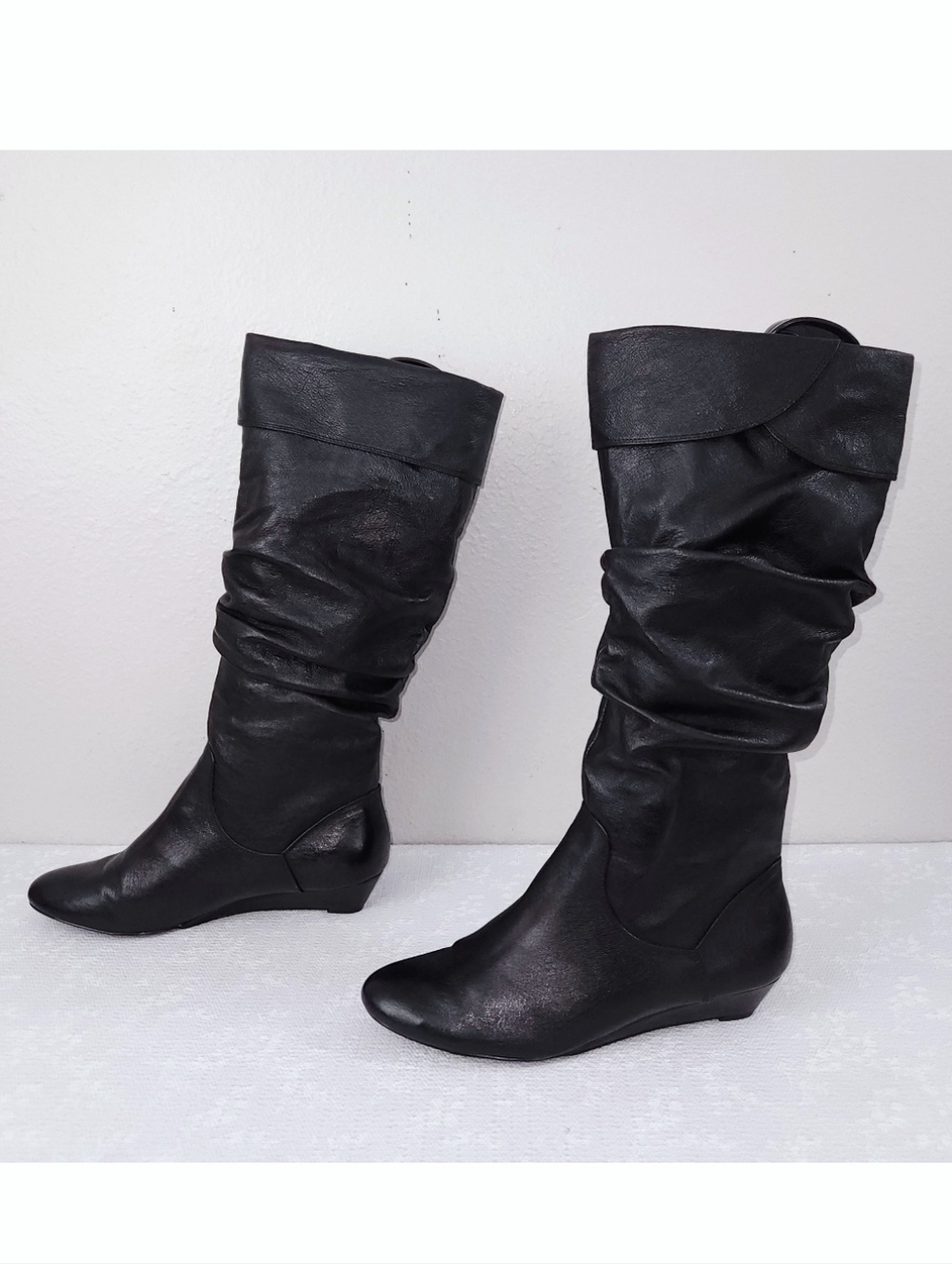 Steve Madded Ilene Boots US 9 Black Leather Slouchy Tall Low Wedge